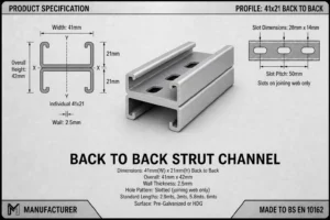 Back-to-Back Strut Channel 41x42mm — Compact back-to-back slotted strut channel (41×42 mm) formed from two 41×21 mm channels for medium-load MEP support, cable tray hangers, pipe routing, and modular framing in space-limited installations.