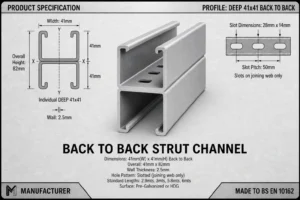 Back-to-Back Strut Channel 41x82mm — Heavy-duty back-to-back slotted strut channel (41×82 mm) formed from two 41×41 mm channels for high-load MEP support, structural framing, and multi-tier cable and pipe installations.
