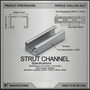 Strut Channel 41x21mm — Shallow-profile slotted strut channel (41×21 mm) for light-to-medium-duty MEP support, cable containment, and modular framing.