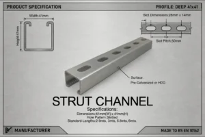 Strut Channel 41x41mm — Industry-standard full-depth slotted strut channel (41×41 mm) for heavy-duty MEP support, cable containment, and modular structural framing.